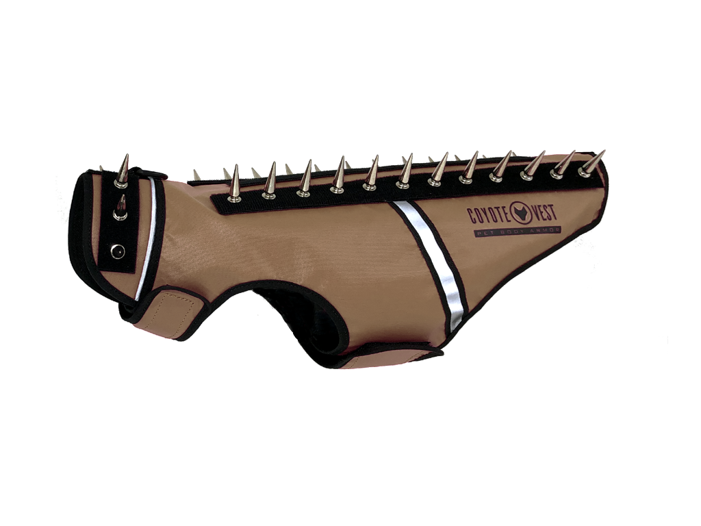 SpikeVest spiked coyote protection vest in tan, alternate view