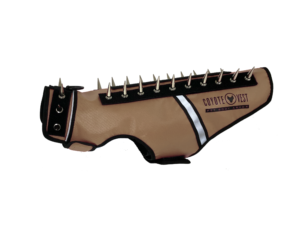 SpikeVest spiked coyote protection vest in tan, alternate view