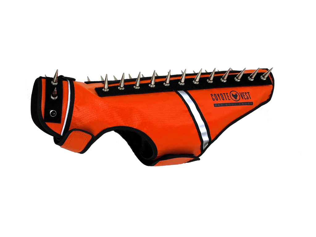 SpikeVest spiked coyote protection vest in fluorescent orange, alternate view