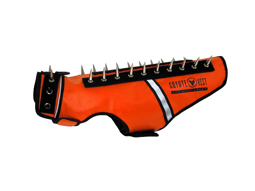 SpikeVest spiked coyote protection vest in fluorescent orange, alternate view