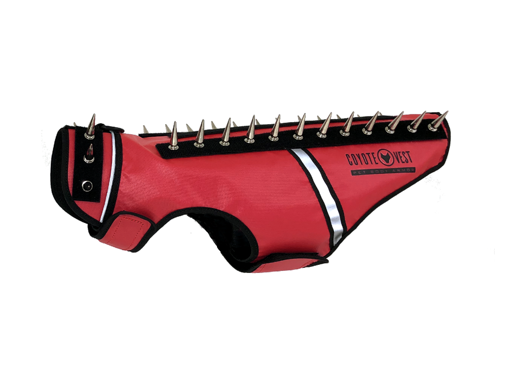 SpikeVest spiked coyote protection vest in red, alternate view