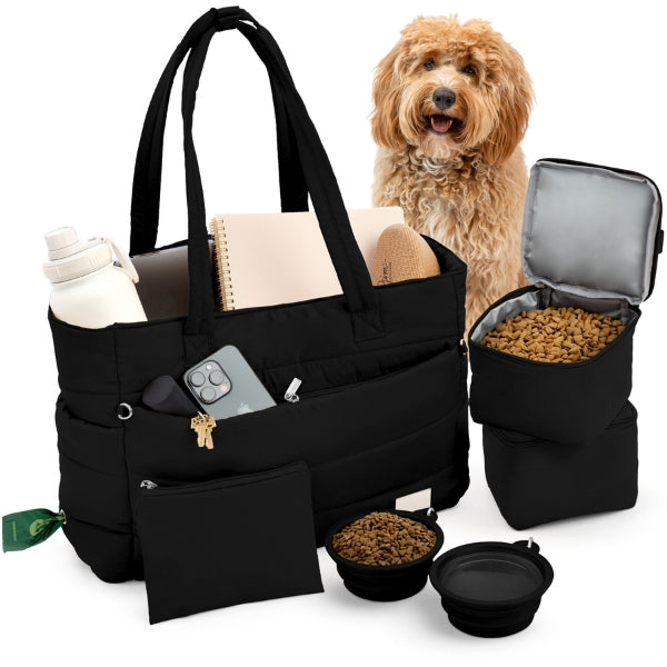 Black puffer dog mom tote packed with bowls, food containers, laptop, and dog essentials beside a doodle