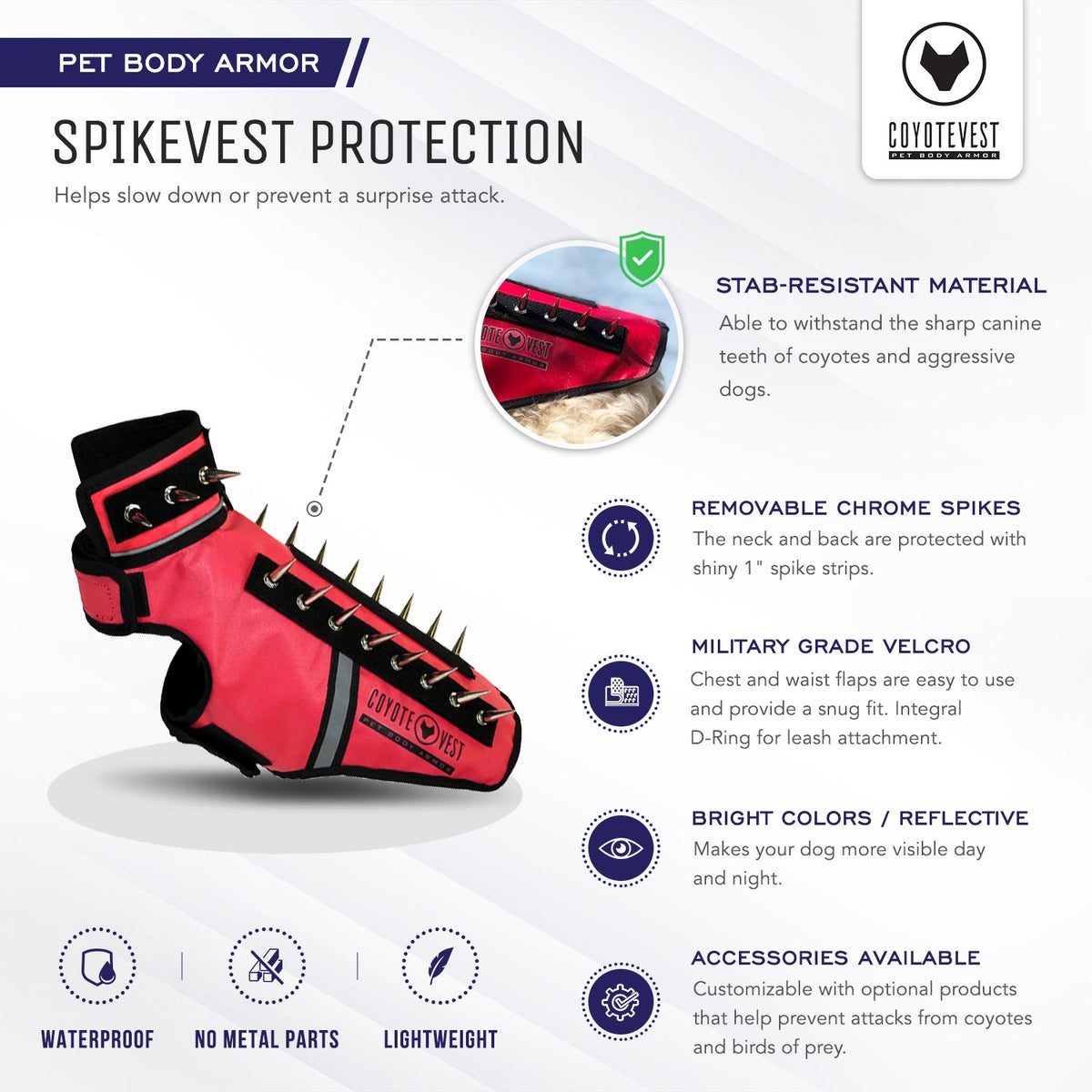 SpikeVest infographic: how the spiked protective vest protects pets from coyotes and hawks