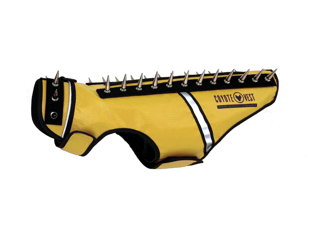 SpikeVest spiked coyote protection vest in yellow, alternate view