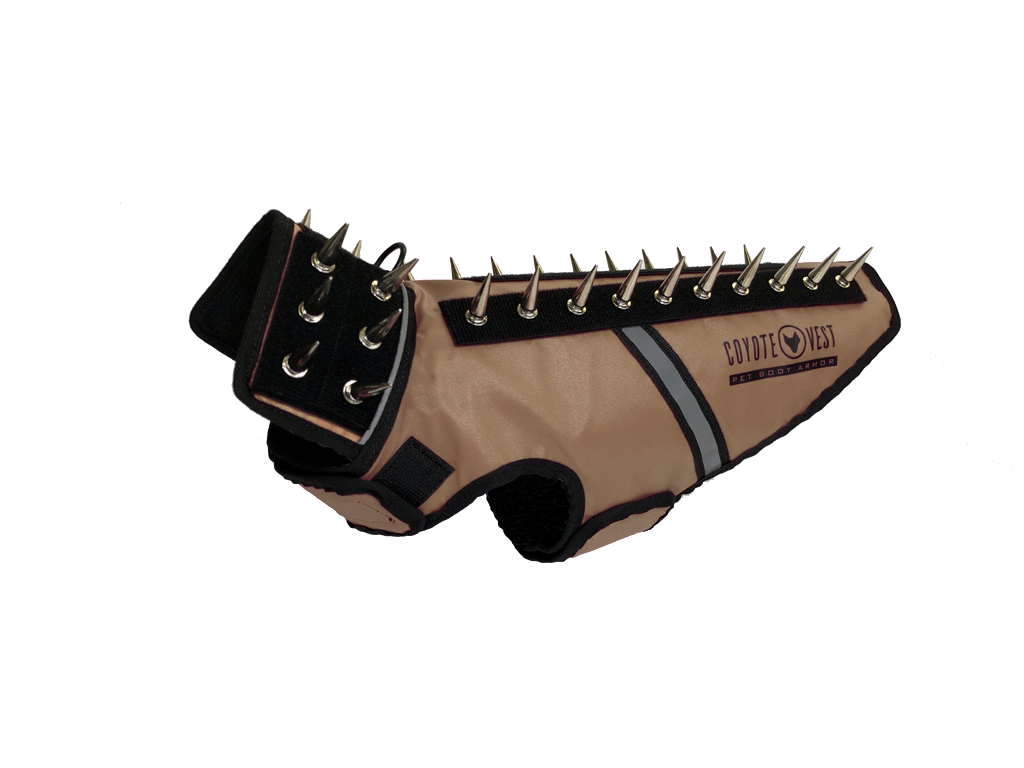 SpikeVest spiked coyote protection vest in tan, alternate view