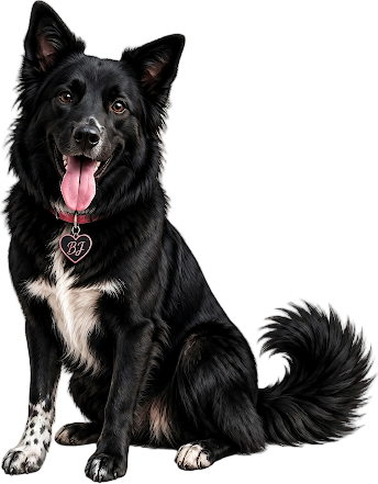 Barbra Jean, the fluffy black dog with pink collar and heart tag