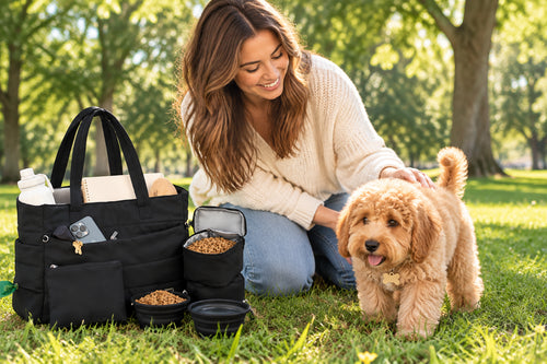 Dog Mom Starter Kit: black puffer dog tote with bowls, food containers, and a doodle dog