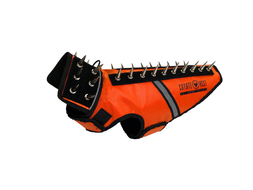 SpikeVest spiked coyote protection vest in fluorescent orange, alternate view