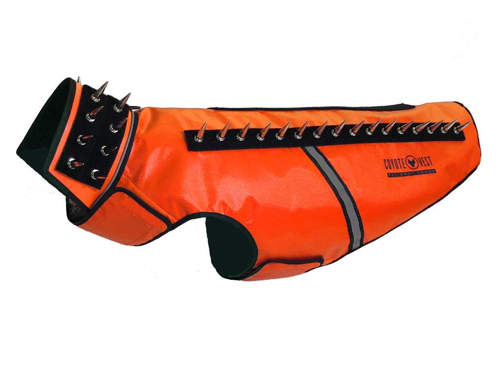 SpikeVest spiked coyote protection vest in fluorescent orange, alternate view