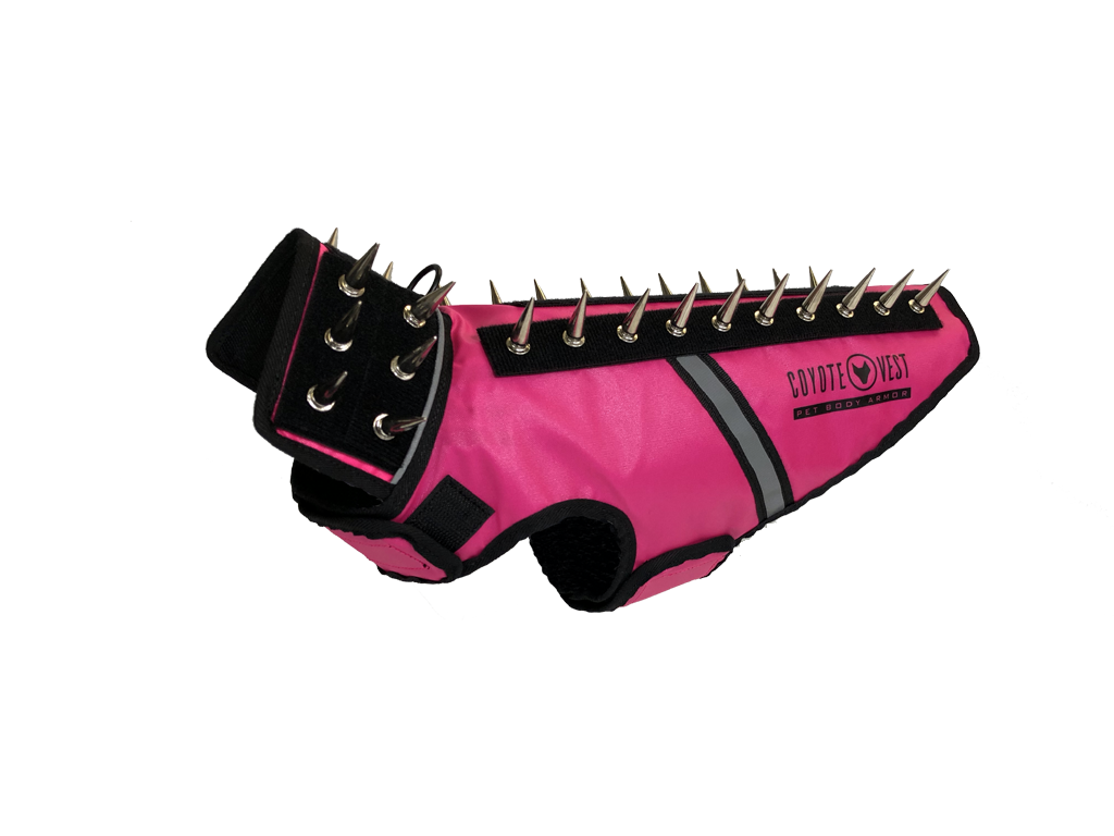 SpikeVest spiked coyote protection vest in neon pink, alternate view