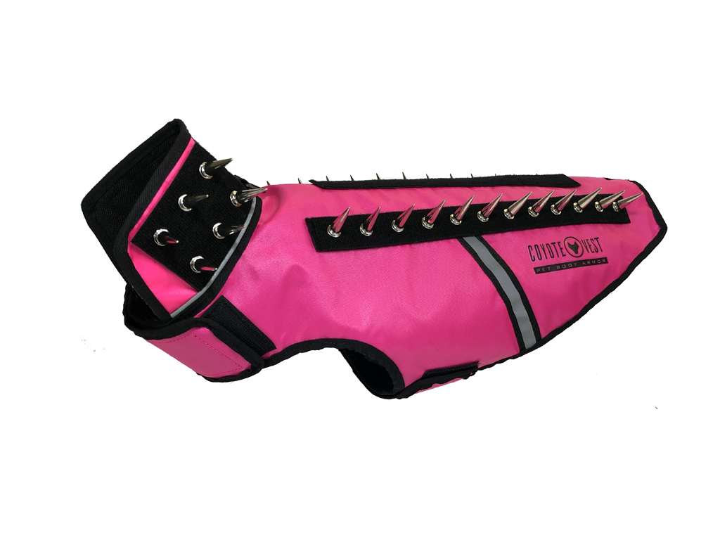 Pink SpikeVest coyote protection vest with spiked collar and reflective trim, pet body armor