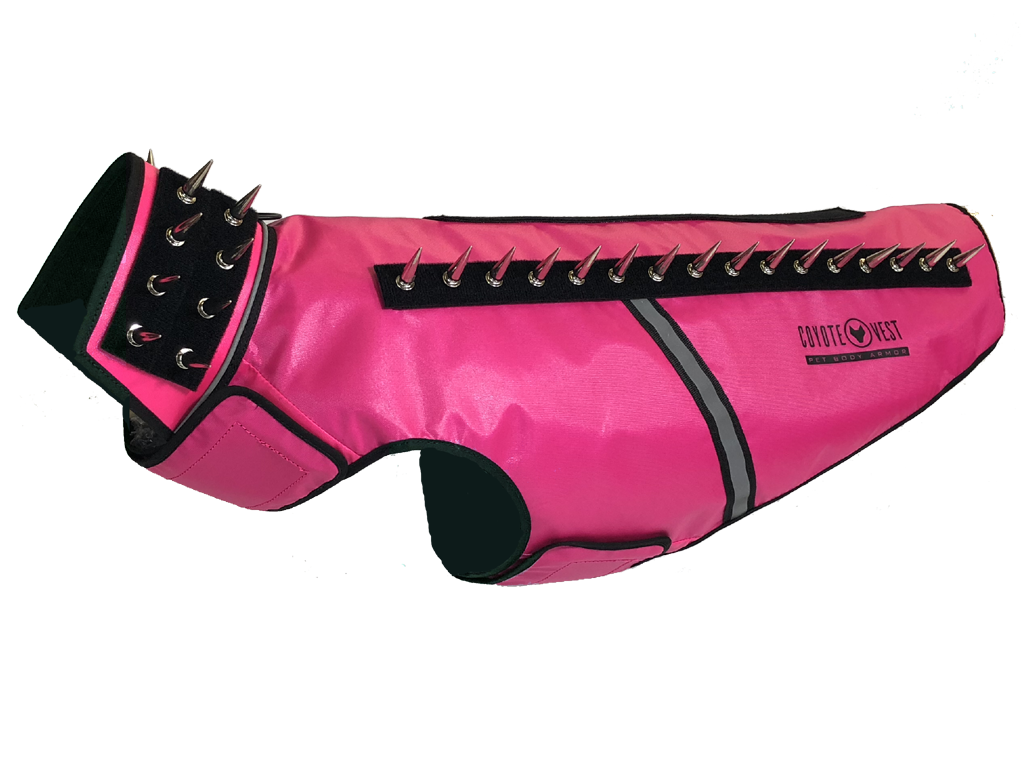 SpikeVest spiked coyote protection vest in neon pink, alternate view