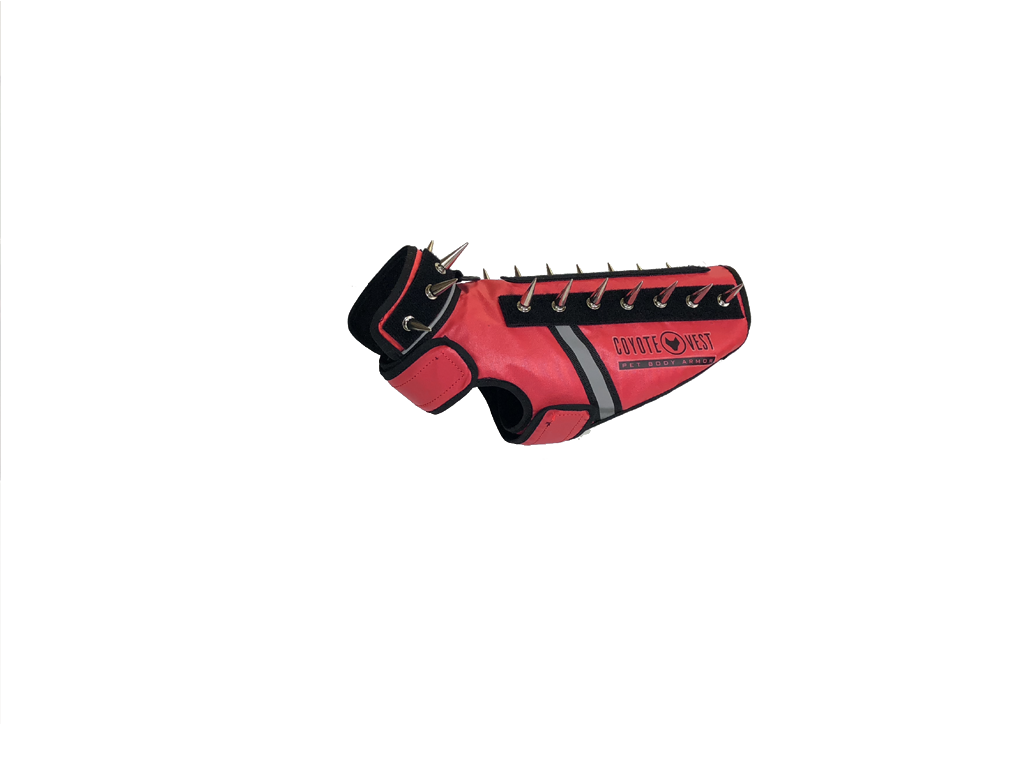 SpikeVest spiked coyote protection vest in red, alternate view