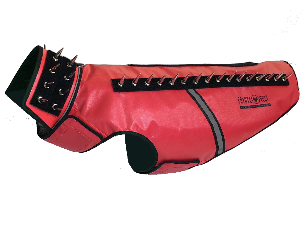 SpikeVest spiked coyote protection vest in red, alternate view