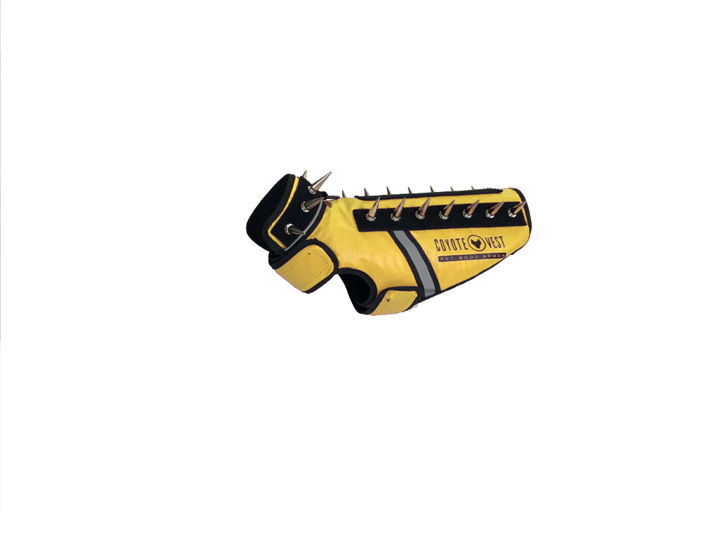 SpikeVest spiked coyote protection vest in yellow, alternate view
