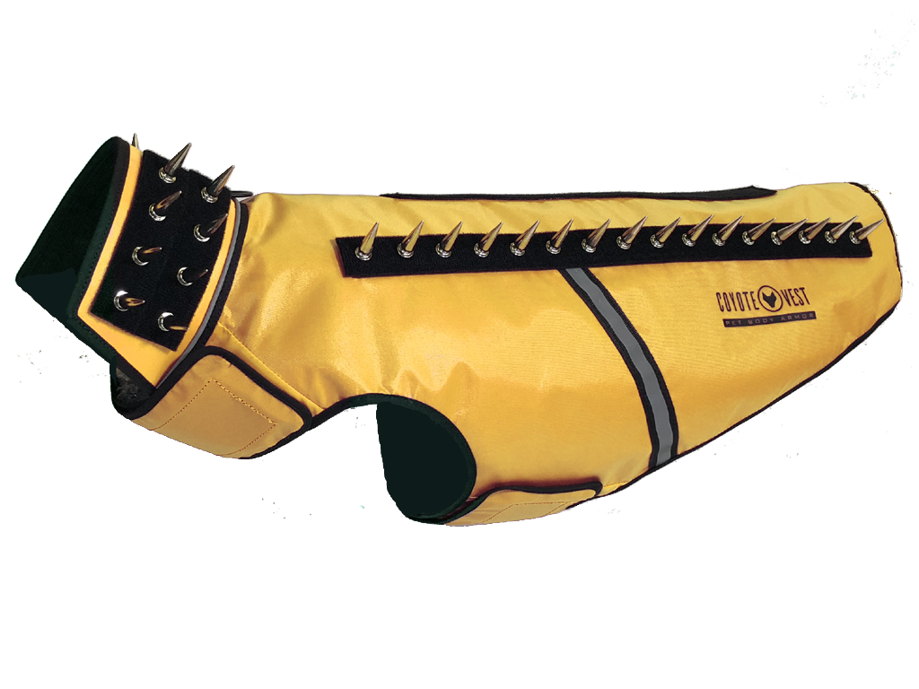 SpikeVest spiked coyote protection vest in yellow, alternate view