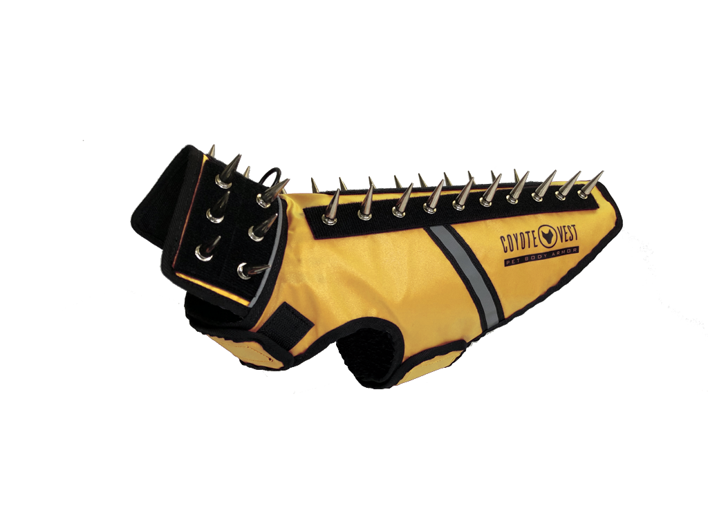 SpikeVest spiked coyote protection vest in yellow, alternate view